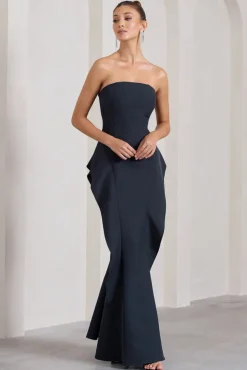 The Real Thing | Navy Strapless Draped Fishtail Maxi Dress