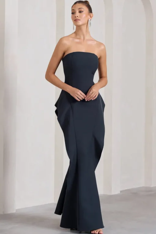 The Real Thing | Navy Strapless Draped Fishtail Maxi Dress