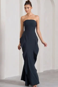 The Real Thing | Navy Strapless Draped Fishtail Maxi Dress