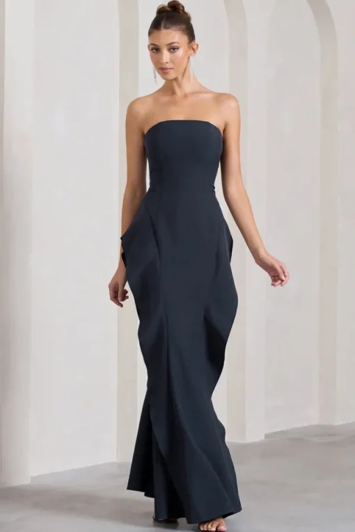The Real Thing | Navy Strapless Draped Fishtail Maxi Dress