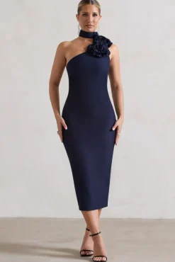 The Soiree | Navy Bodycon Midi Dress With Ruffled Choker