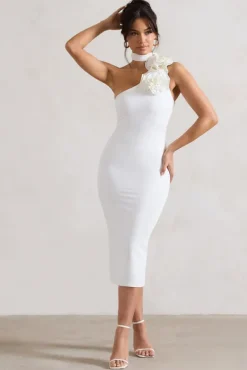 The Soiree | White Bodycon Midi Dress With Ruffled Choker