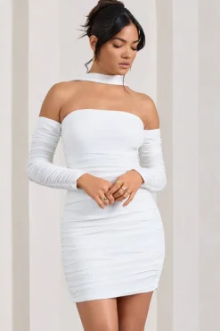 Thea | White Ruched Long-Sleeved Bodycon Mini Dress With Halter Collar