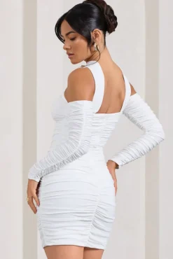 Thea | White Ruched Long-Sleeved Bodycon Mini Dress With Halter Collar