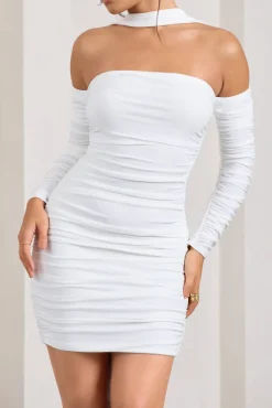 Thea | White Ruched Long-Sleeved Bodycon Mini Dress With Halter Collar