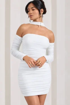 Thea | White Ruched Long-Sleeved Bodycon Mini Dress With Halter Collar