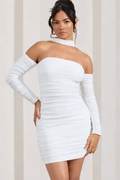 Thea | White Ruched Long-Sleeved Bodycon Mini Dress With Halter Collar
