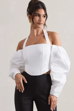 Theatric | Ivory Halter-Neck Corset Top With Puff-Sleeves