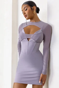 This Moment | Taupe High Neck Cut Out Mini Dress With Mesh Sleeves