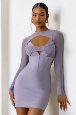 This Moment | Taupe High Neck Cut Out Mini Dress With Mesh Sleeves