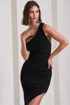 This Way | Black Ruched One Shoulder Asymmetric Open-Back Maxi Dress