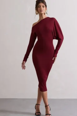 Thora | Berry Rib Knit One-Shoulder Midi Dress