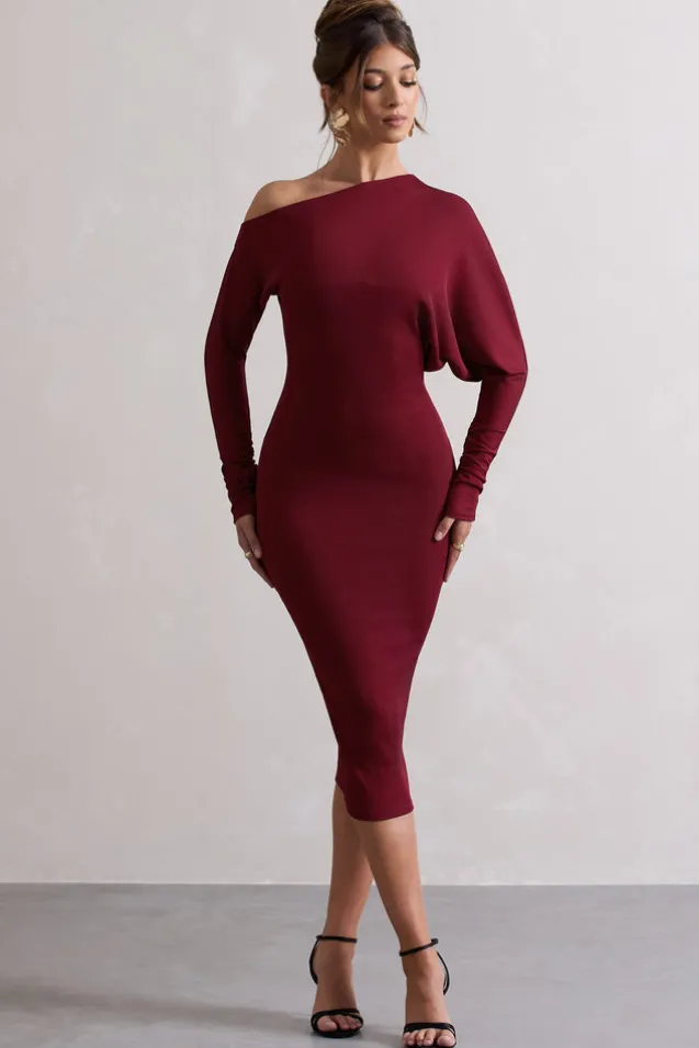Thora | Berry Rib Knit One-Shoulder Midi Dress
