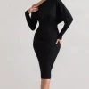 Thora | Black Rib Knit One-Shoulder Midi Dress