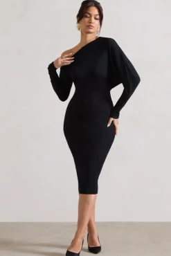 Thora | Black Rib Knit One-Shoulder Midi Dress