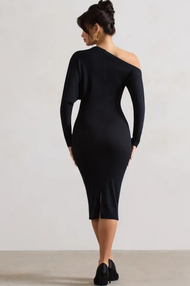 Thora | Black Rib Knit One-Shoulder Midi Dress