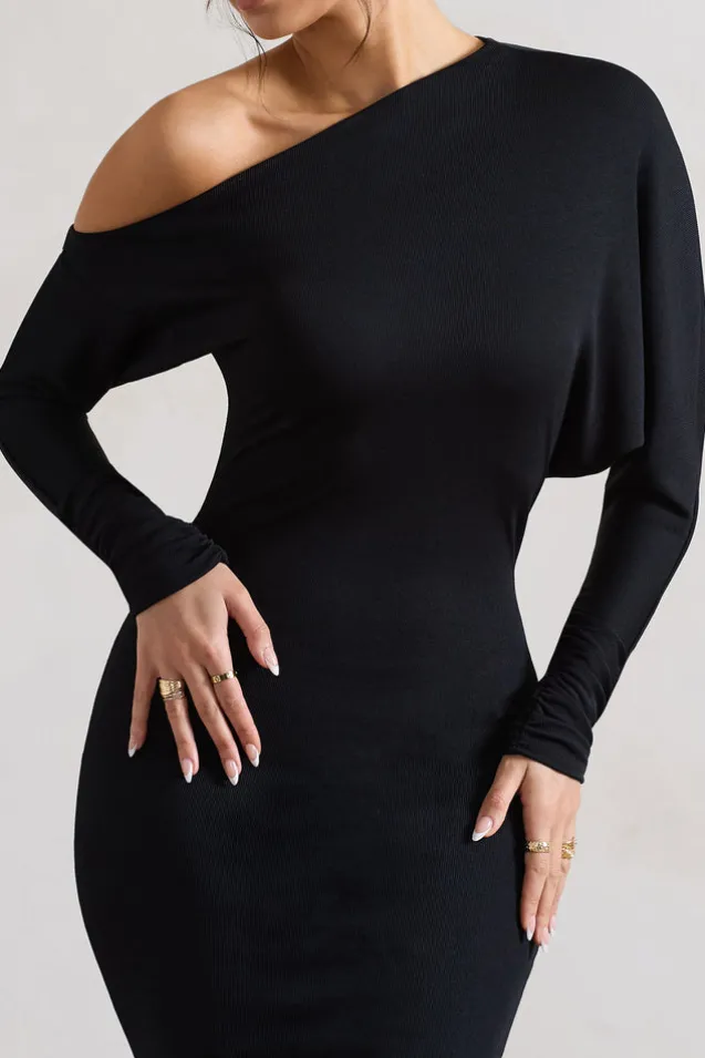 Thora | Black Rib Knit One-Shoulder Midi Dress