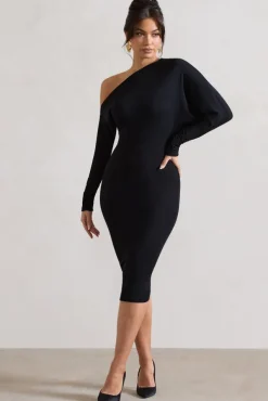 Thora | Black Rib Knit One-Shoulder Midi Dress