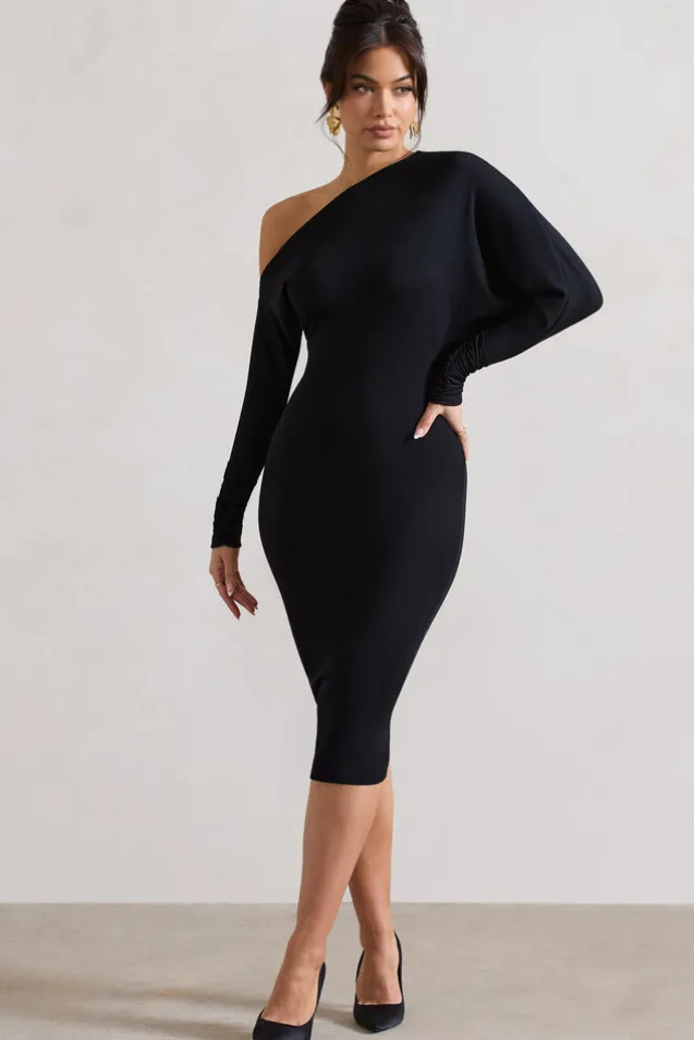 Thora | Black Rib Knit One-Shoulder Midi Dress