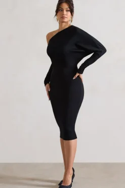 Thora | Black Rib Knit One-Shoulder Midi Dress