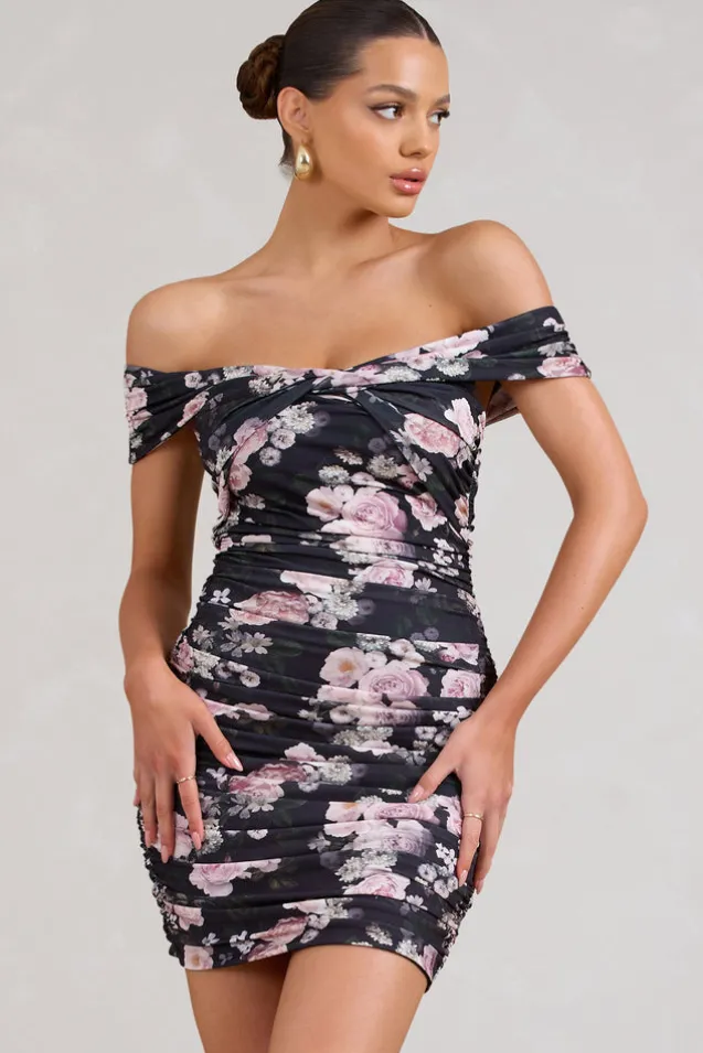 Thorn | Black Floral Bardot Bodycon Mini Dress