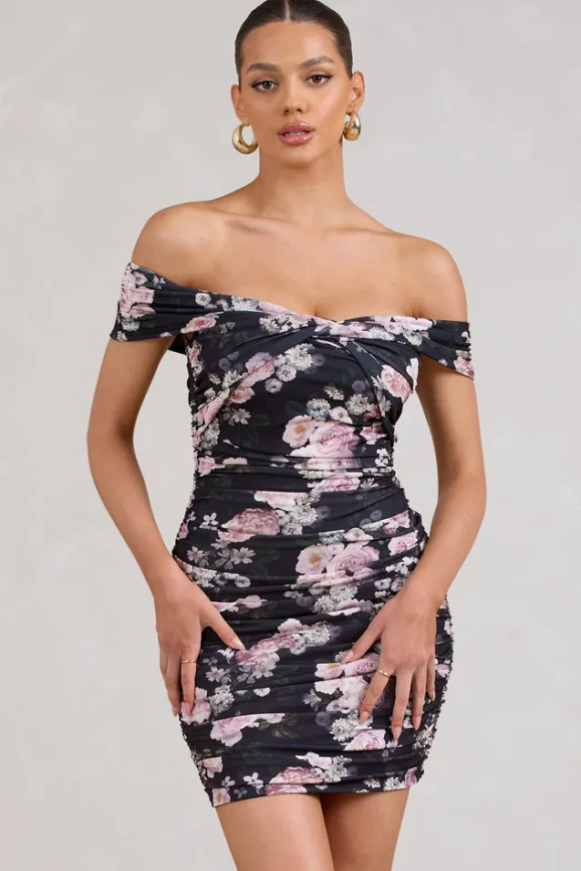 Thorn | Black Floral Bardot Bodycon Mini Dress