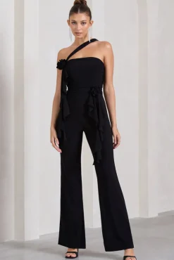 Tia | Black Asymmetric Sleeveless Flared-Leg Jumpsuit With Flowers