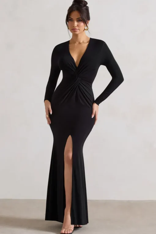 Tianna | Black Plunge-Neck Twisted Split Maxi Dress