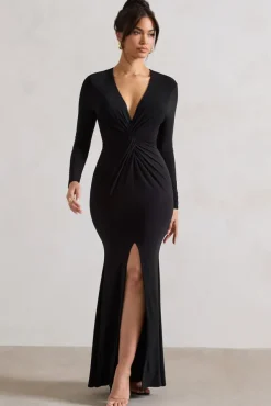 Tianna | Black Plunge-Neck Twisted Split Maxi Dress