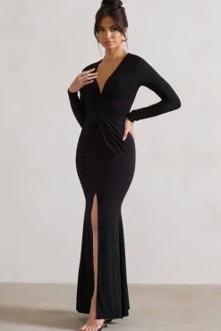 Tianna | Black Plunge-Neck Twisted Split Maxi Dress