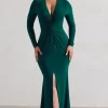 Tianna | Bottle Green Plunge-Neck Twisted Split Maxi Dress