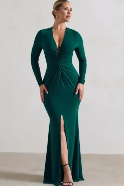 Tianna | Bottle Green Plunge-Neck Twisted Split Maxi Dress