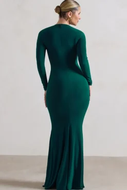 Tianna | Bottle Green Plunge-Neck Twisted Split Maxi Dress