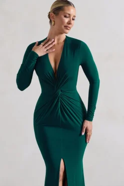 Tianna | Bottle Green Plunge-Neck Twisted Split Maxi Dress