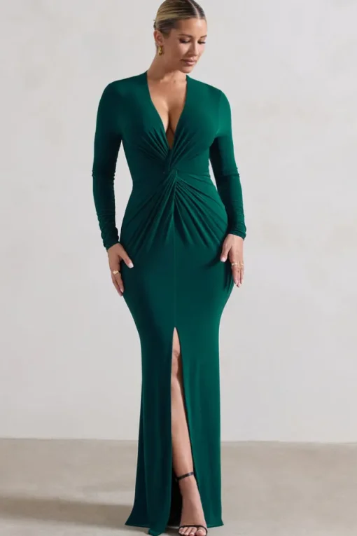Tianna | Bottle Green Plunge-Neck Twisted Split Maxi Dress