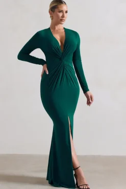 Tianna | Bottle Green Plunge-Neck Twisted Split Maxi Dress