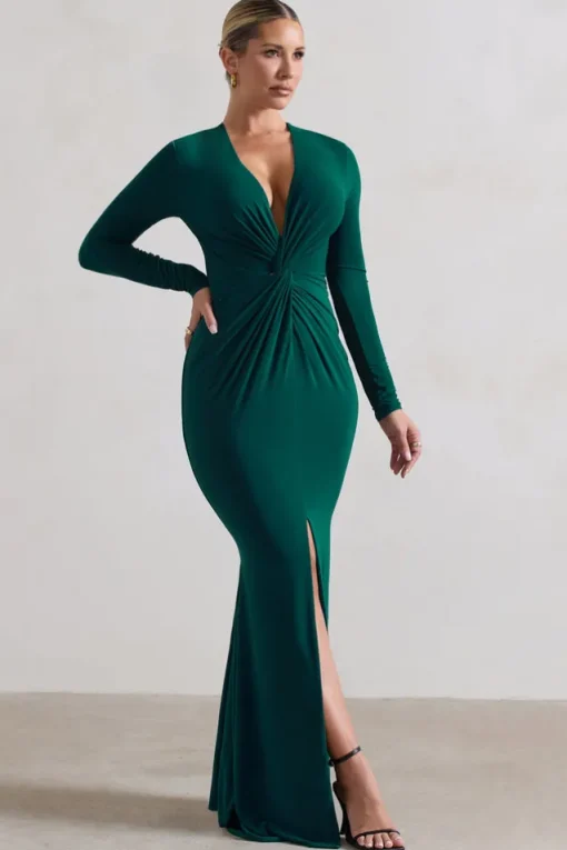 Tianna | Bottle Green Plunge-Neck Twisted Split Maxi Dress
