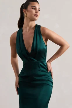 Tiffany | Bottle Green Satin Plunge-Neck Maxi Dress