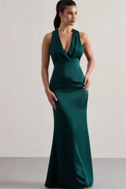 Tiffany | Bottle Green Satin Plunge-Neck Maxi Dress