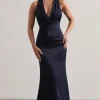 Tiffany | Navy Satin Plunge-Neck Maxi Dress