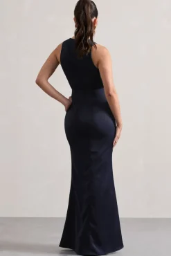 Tiffany | Navy Satin Plunge-Neck Maxi Dress