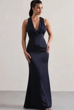 Tiffany | Navy Satin Plunge-Neck Maxi Dress