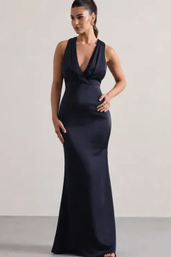 Tiffany | Navy Satin Plunge-Neck Maxi Dress