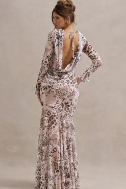 Tigerlily | Leopard Print Mesh Long-Sleeve Open-Back Maxi Dress