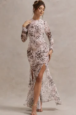 Tigerlily | Leopard Print Mesh Long-Sleeve Open-Back Maxi Dress