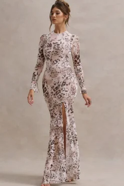 Tigerlily | Leopard Print Mesh Long-Sleeve Open-Back Maxi Dress