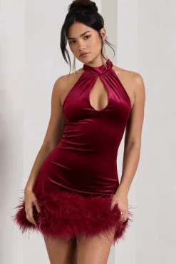 Tillie | Berry Velvet High Neck Trapeze Mini Dress With Feather Hem Detail