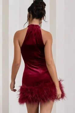 Tillie | Berry Velvet High Neck Trapeze Mini Dress With Feather Hem Detail