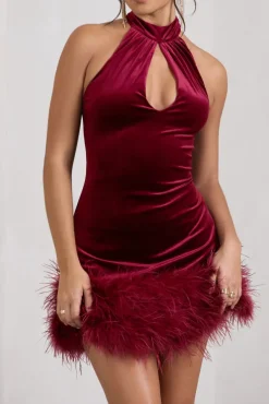 Tillie | Berry Velvet High Neck Trapeze Mini Dress With Feather Hem Detail