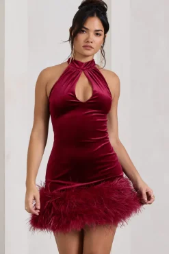 Tillie | Berry Velvet High Neck Trapeze Mini Dress With Feather Hem Detail